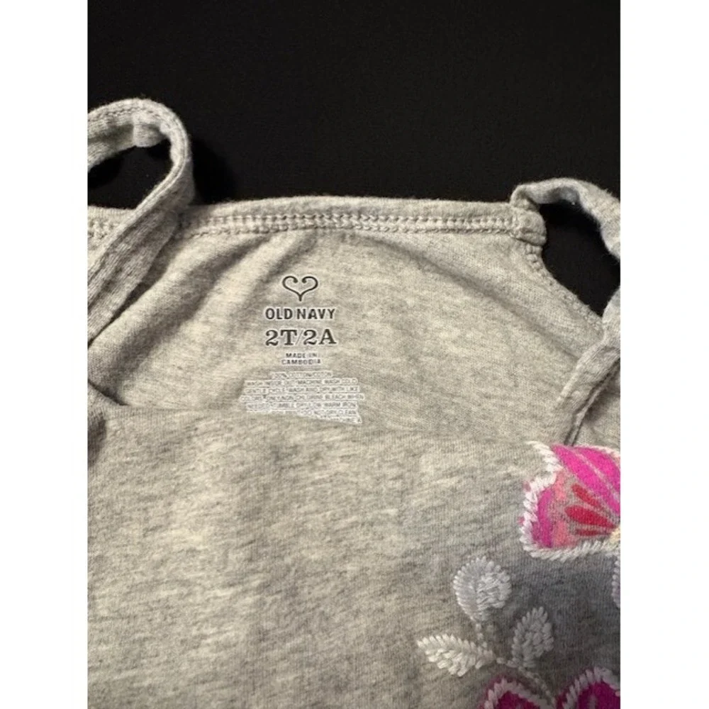 Old Navy size 2T gray tank with pink flowers/butterfly embroidered edges